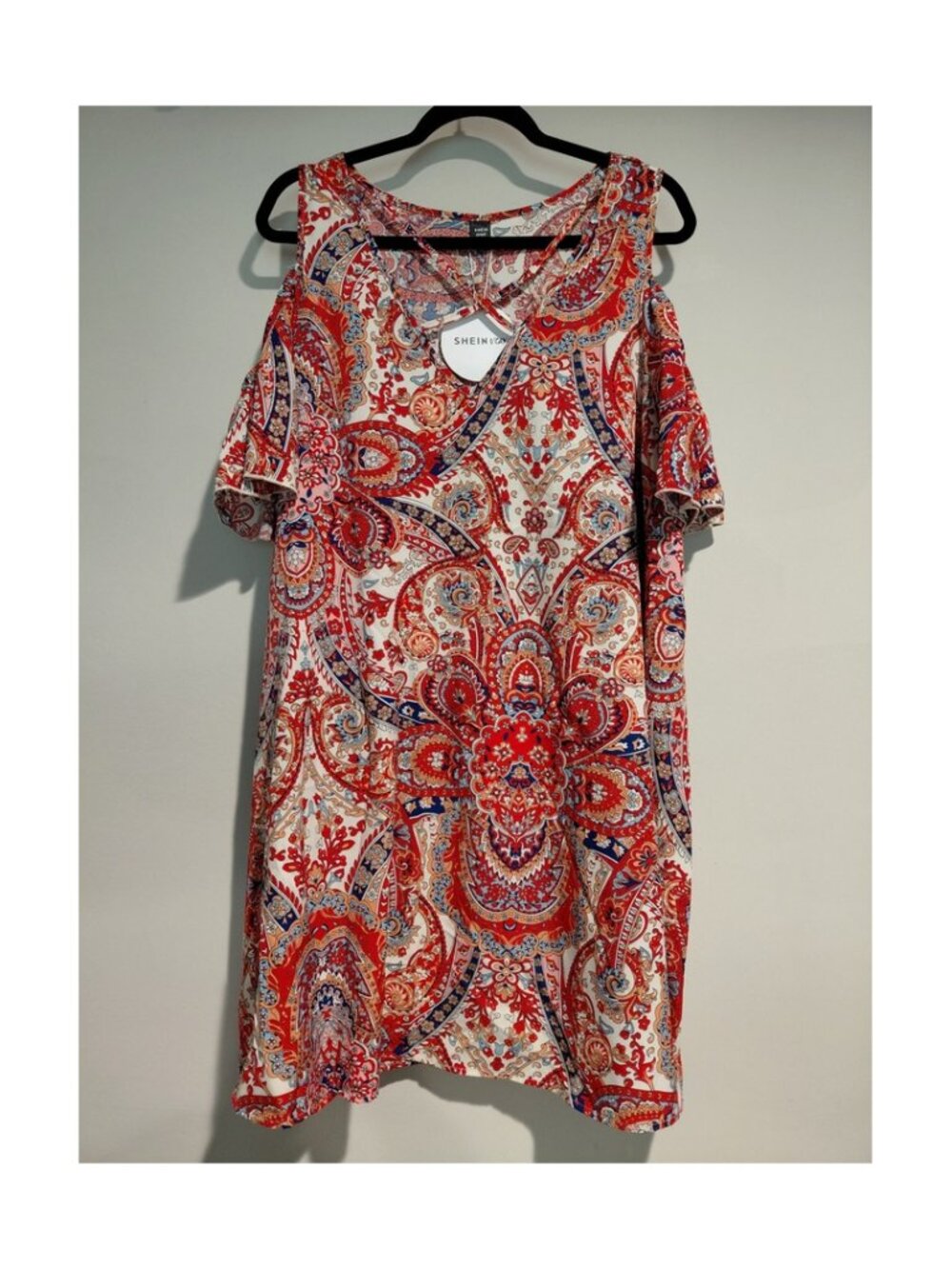 SHEIN CURVE Vacay 2XL Paisley Cold Shoulder Shift Dress Red Blue NWT